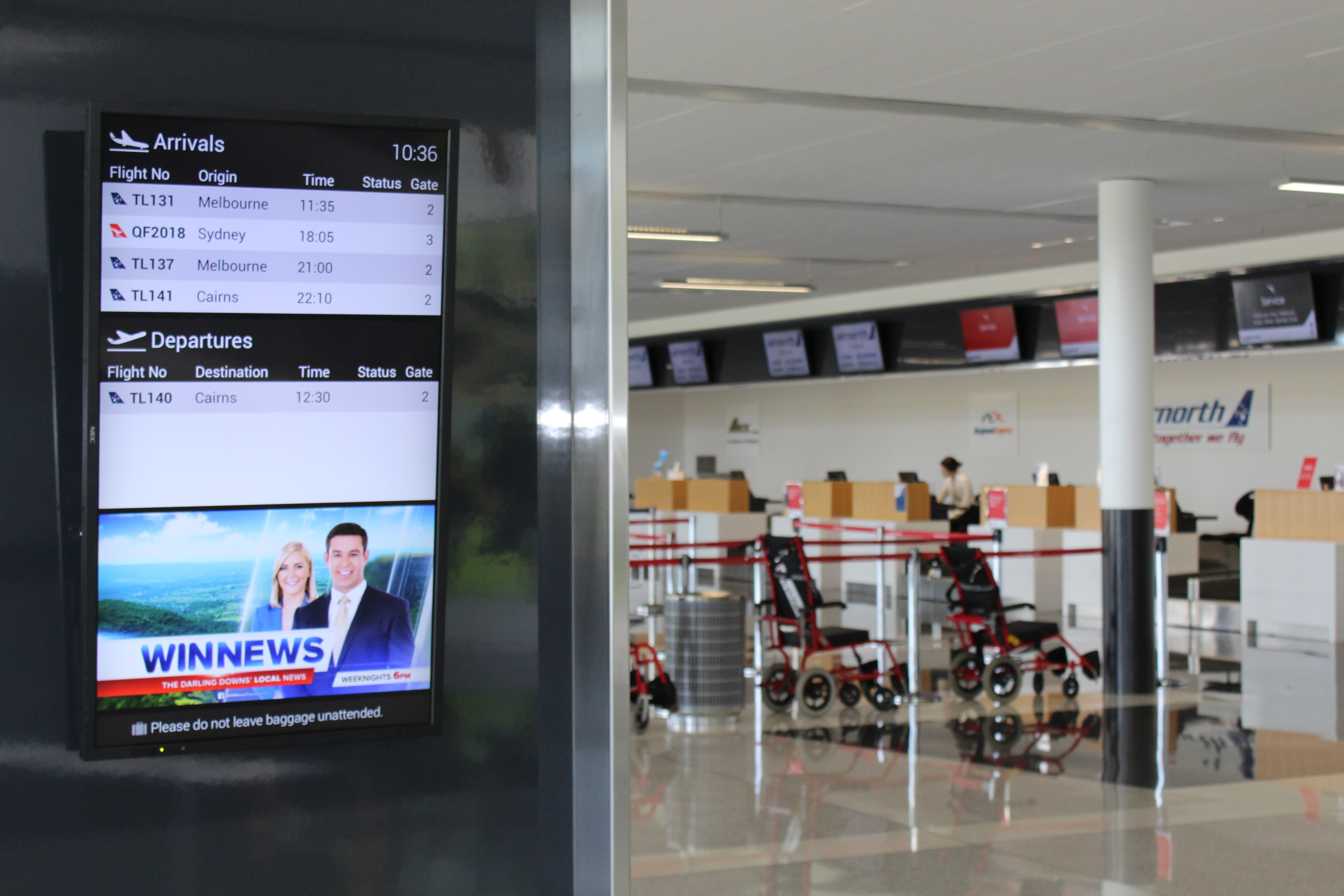 FIDS Screen Advertising placed on 12 screens around the terminal that show arriving and departing Flight Information, is available for rent at Toowoomba Wellcamp Airport | www.wellcamp.com.au